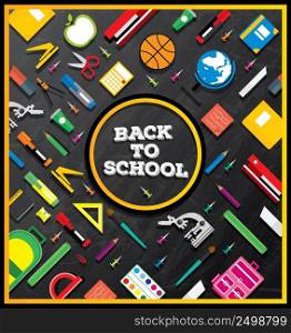 Back to school. School supplies on blackboard background. Vector illustration. Banner with Copy Space.