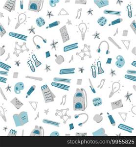Back to school seamless pattern. Endless background with education symbols. Vector illustration.