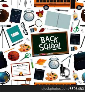 Back to school seamless pattern of stationery supplies for education. Chalkboard and notebook, alarm clock and basketball, backpack and palette, glasses and globe, telescope and scissors vector. Back to school endless pattern education supplies