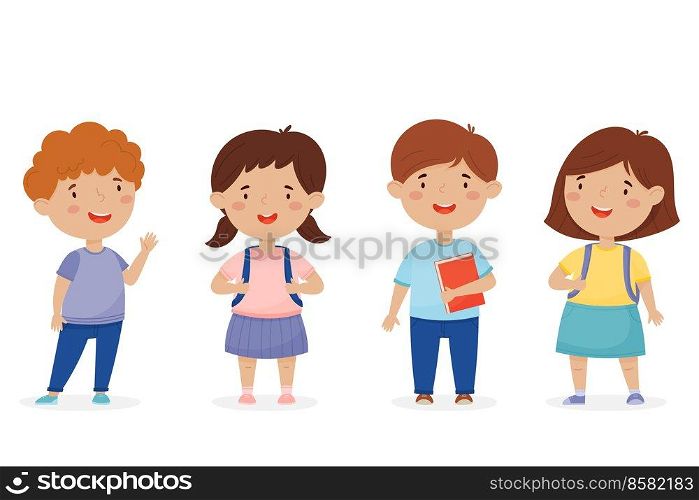 Back to school set. Cute kids in different poses. Vector illustration isolated on white background.. Back to school set. Cute kids in different poses.