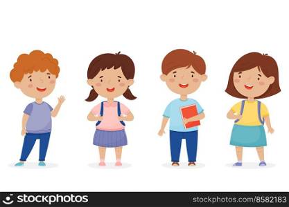 Back to school set. Cute kids in different poses. Vector illustration isolated on white background.. Back to school set. Cute kids in different poses.