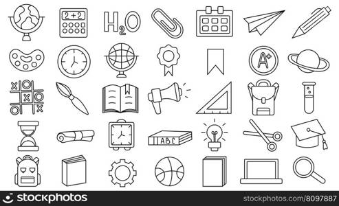 Back to school. Set of editable stroke icons of office supplies for studying at school. Collection isolated education kids accessory. vector object stuff design. graphic patch element children study.. Back to school. Set of editable stroke icons of office supplies for studying at school. Collection isolated education kids accessory. vector object stuff design. graphic patch element children study