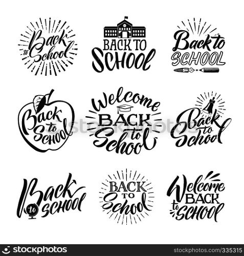 Back to school. Set of hand writing words and letters. Welcome to school writing sketch text, vector illustration. Back to school. Set of hand writing words and letters