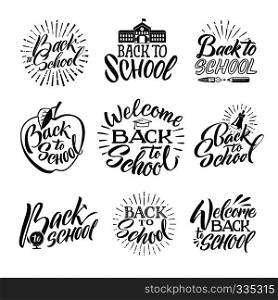 Back to school. Set of hand writing words and letters. Welcome to school writing sketch text, vector illustration. Back to school. Set of hand writing words and letters