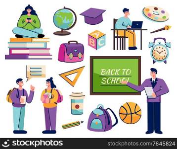 Back to school set of isolated icons doodle human characters and images of school kit items vector illustration