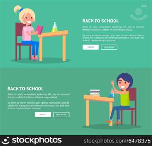 Back to School Set of Posters with Boy and Girl. Back to school set of posters with boy and girl making experiments with chemical flasks sitting at tables with books vector illustrations