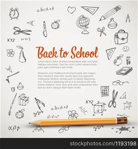 Back to school - set of school doodle illustrations with a pencil - flyer / banner. Back to school - flyer or banner
