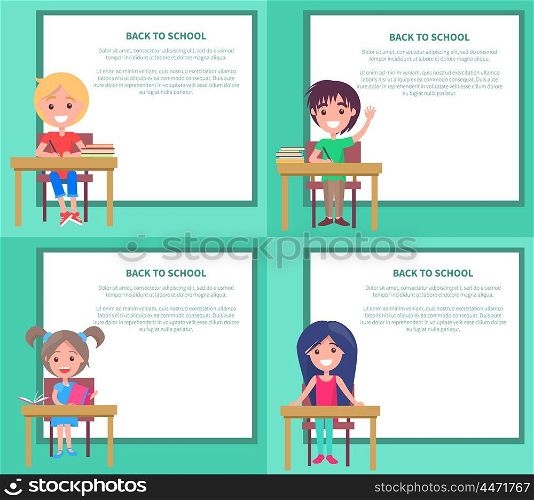 Back to School Set of Vector Illustrations Kids. Back to school set of vector illustrations with schoolchildren sitting at the table with textbooks, boys and girls answer at lessons in classroom