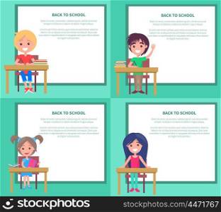 Back to School Set of Vector Illustrations Kids. Back to school set of vector illustrations with schoolchildren sitting at the table with textbooks, boys and girls answer at lessons in classroom