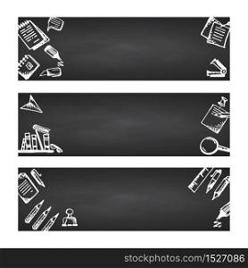 Back to school. Set web banner. Hand drawn school icons and symbols on black chalkboard. With place for your text Vector illustration. Back to school. Set web banner. Hand drawn school icons and symbols on black chalkboard. With place for your text