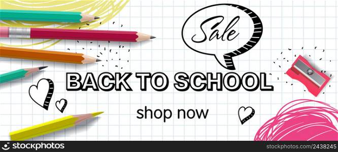 Back to school, shop now lettering. Offer or sale advertising design. Typed text, calligraphy. For leaflets, brochures, invitations, posters or banners.