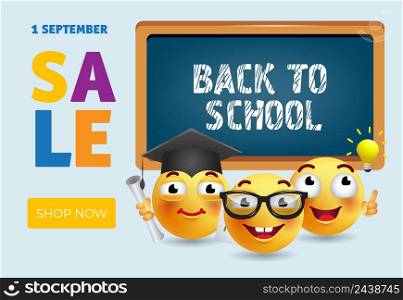Back to school, shop now sale banner design with smart cartoon emotions and chalkboard. Text can be used for signs, posters, promo flyer, leaflets