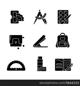 Back to school shopping black glyph icons set on white space. Pencil sharpener. Drafting supplies. Art tools. Hole-punch. School bag. Glue stick. Silhouette symbols. Vector isolated illustration. Back to school shopping black glyph icons set on white space