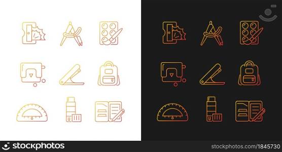 Back to school shopping gradient icons set for dark and light mode. Art tools. School bag. Thin line contour symbols bundle. Isolated vector outline illustrations collection on black and white. Back to school shopping gradient icons set for dark and light mode