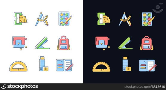 Back to school shopping light and dark theme RGB color icons set. Pencil sharpener. Drafting supplies. Isolated vector illustrations on white and black space. Simple filled line drawings pack. Back to school shopping light and dark theme RGB color icons set