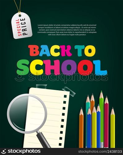 Back to school special price flyer design with magnifier glass, note, colorful pencils and tag on green background. Text can be used for signs, posters, banners
