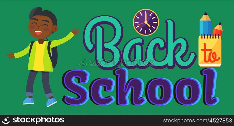 Back to School Sticker with Inscription and Boy. Back to school sticker with inscription and indian boy. Vector illustration of round wall clock, yellow notebook and two graphite pencils behind it