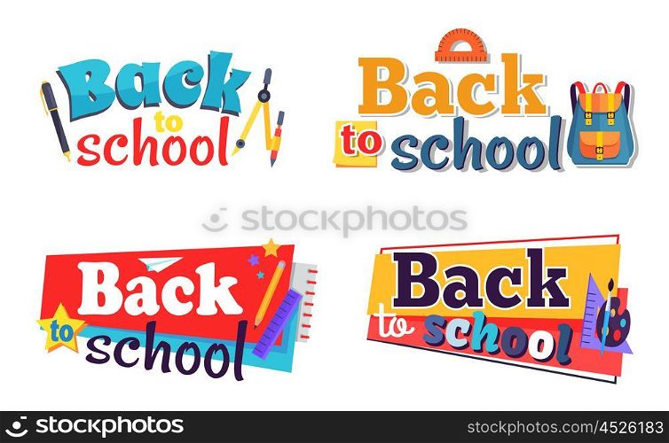 Back to School Stickers Set with Stationary Objects. Back to school stickers set with stationery objects as plastic ruler, brown pencil, notebook, colorful stars vector illustrations isolated on white