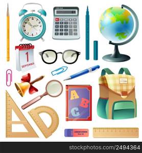 Back to school supplies icons collection with classroom accessories schoolbag textbooks and alarm clock realistic vector illustration . School Supplies Realistic Icons Collection
