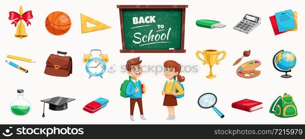 Back to school supplies icons set poster with schoolchildren chalkboard stationary calculator terrestrial globe backpack vector illustration. Back To School Composition Poster