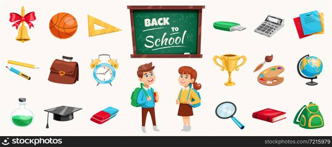 Back to school supplies icons set poster with schoolchildren chalkboard stationary calculator terrestrial globe backpack vector illustration. Back To School Composition Poster