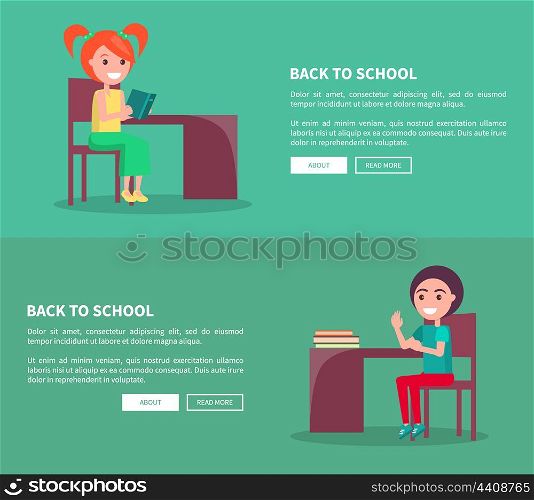 Back to School Template Poster of Pupils at Desks. Back to school template poster with two isolated sitting small students reading book or raising hand. Vector web banner of studying kids