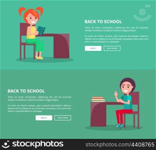 Back to School Template Poster of Pupils at Desks. Back to school template poster with two isolated sitting small students reading book or raising hand. Vector web banner of studying kids