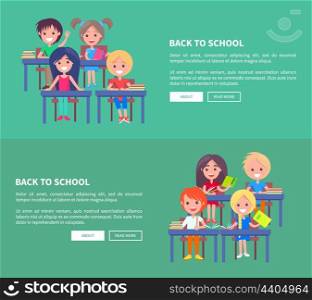 Back to School Template Poster with Small Pupils. Back to school template poster with small pupils. Vector colorful web banner with students sitting at desks and getting new information
