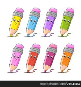 Back to school theme. Set color pencils. Cartoon character. Colorful vector illustration. Isolated on white background. Design element. Template for your design, books, stickers, cards.