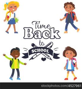 Back to School Time Sticker Surrounded by Pupils. Back to school time black-and-white sticker with inscription. Vector illustration of crossed fountain pen and graphite pencil surrounded by pupils
