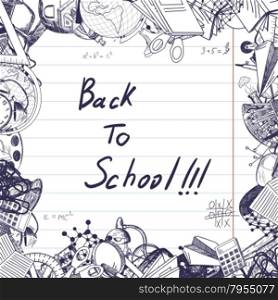 Back to school title with sketch drawing frame on lined paper.