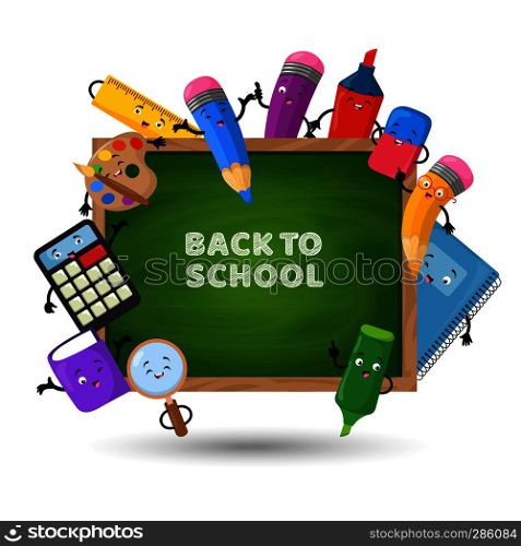 Back to school vector background. Education concept with school supplies. Back to school on chalkboard and colorful objects illustration. Back to school vector background. Education concept with school supplies