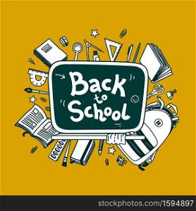 Back to school vector background. Line vector doodle illustration on yellow background. Sketchy vector design with school board and stationery for graphic design, web banners and prints. Back to school vector background. Line vector doodle illustration on yellow background.