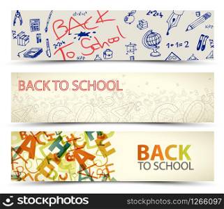 Back to School vector banners with drawings, doodles and letters