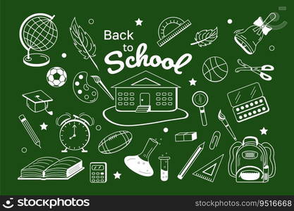 Back to school vector doodle white line on green blackboard background. Icons theme study globe, pen, sheet, school, ball bell, alarm clock, brush, flask, magnifier, paints scissors book calculator. Vector Set Back to school doodle white line on green blackboard background. Modern teaching learning