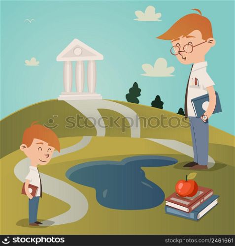 Back To School vector illustration with a cute little boy with a textbook under his arm standing on a path leading to a college building on a hilltop watched by his teacher as he walks to school