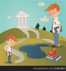 Back To School vector illustration with a cute little boy with a textbook under his arm standing on a path leading to a college building on a hilltop watched by his teacher as he walks to school