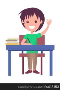 Back to School Vector Illustration with Schoolboy. Back to school vector illustration with schoolboy sitting at the table with pile of textbook, raising hand to answer, happy child at lesson isolated on white
