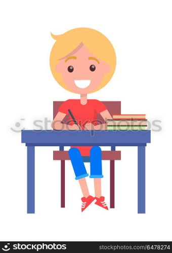 Back to School Vector Illustration with Schoolboy. Back to school vector illustration with schoolboy sitting at the table with pile of textbook, writing in copybook with pen, happy child at lesson isolated