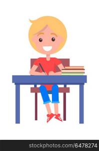 Back to School Vector Illustration with Schoolboy. Back to school vector illustration with schoolboy sitting at the table with pile of textbook, writing in copybook with pen, happy child at lesson isolated