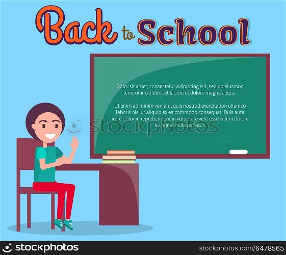 Back to School Vector Illustration with Schoolboy. Back to school vector illustration with schoolboy sitting at table with pile of textbook, raising hand to answer, child at lesson isolated on white