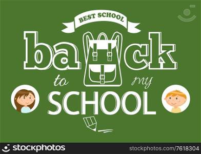 Back to school vector, kids in frames boy and girl. Students looking aside, satchel and pencil colorless sketch outline. Pupils classmates at lesson. Back to school lettering. Back to School Satchel and Children in Frames