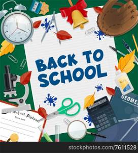 Back to school vector, student books and lessons supplies on copybook. School education items, graduation diploma certificate, geometry book and autumnal leaves, biology microscope and ink stain. Education supplies and diploma, back to school