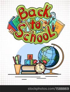 Back to school. Vertical doodle banner with contour illustration of books, globe, watch and lettering on grid background. Study table for the student. Classes and studies. Vector element for card. Back to school. Vertical doodle banner with contour illustration of books, globe, watch and lettering on grid background. Study table for the student.