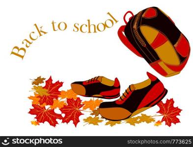 Back to school. walking boots with autumn leaves isolated on white