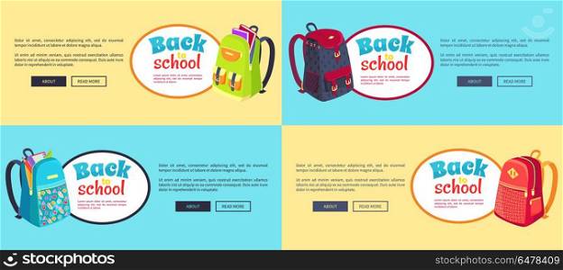 Back to School Web Posters Set with Backpacks. Back to school web posters set with backpacks for child and school stationery accessories pencils and ruler in back pockets vector illustrations with text