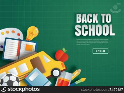 Back to school with education items on green chalkboard background in paper art style.