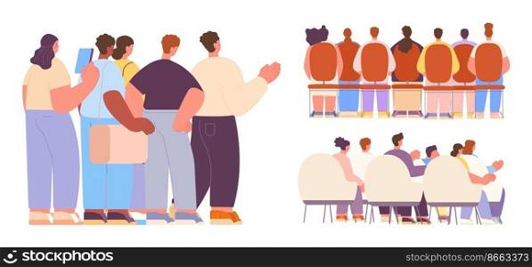 Back view audience, people stand and sitting in chairs. Event or auditorium crowd. Fans meeting, students class or office seminar. Rear views persons on conference, vector set of audience illustration. Back view audience, people stand and sitting in chairs. Event or auditorium crowd. Fans meeting, students class or office seminar. Rear views persons on conference, vector set