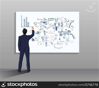 Back view businessman in suit drawing business sketch graphs and symbols vector illustration