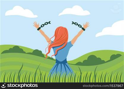 Back view cartoon woman break handcuffs enjoy freedom at natural landscape. Colorful female breaking chains on hands admiring nature scenery. Concept of emancipation, girl power and revolution. Back view cartoon woman break handcuffs enjoy freedom at natural landscape